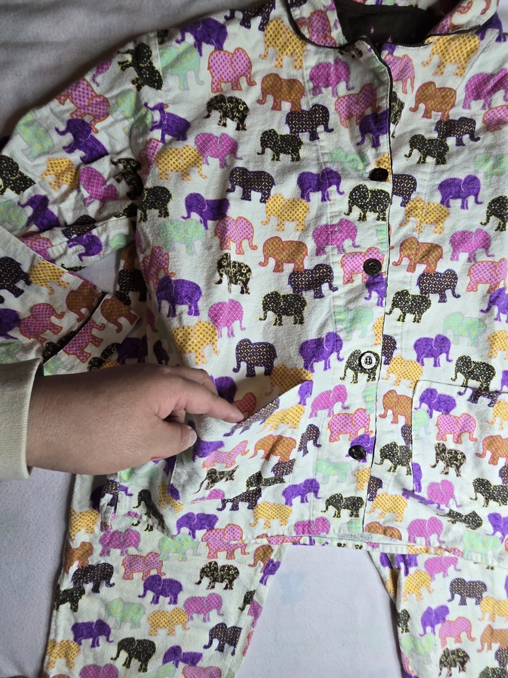P.J. Salvage Cream Pajama Set with Purple, Brown & Green Elephant Print - Picture 4 of 8